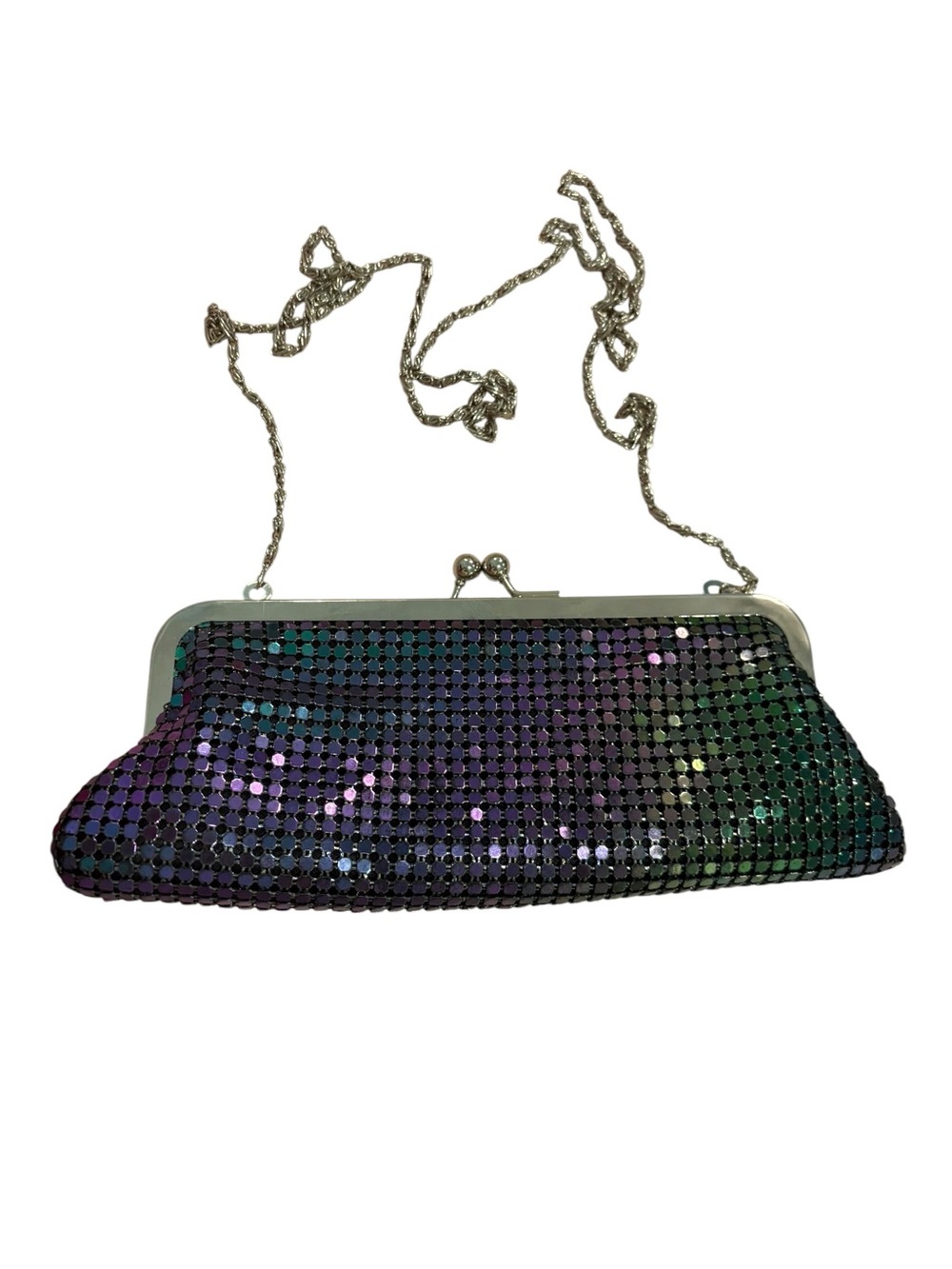Mermaid Iridescent Chainmail Clutch Bag Detachable Strap Silver Snap Close